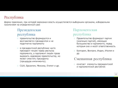 правительство формируется и возглавляется президентом и не подотчетно парламенту в президентской республике