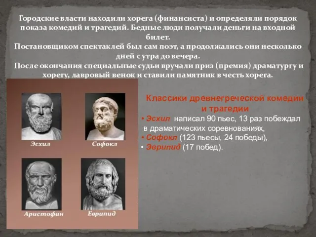 Городские власти находили хорега (финансиста) и определяли порядок показа комедий и трагедий.