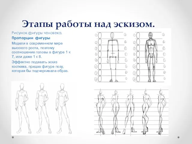 Этапы работы над эскизом. Рисунок фигуры человека. Пропорции фигуры Модели в современном