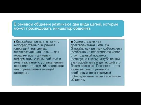 ■ ближайшая цель, т. е. то, что непосредственно выражает говорящий (например, интеллектуальная