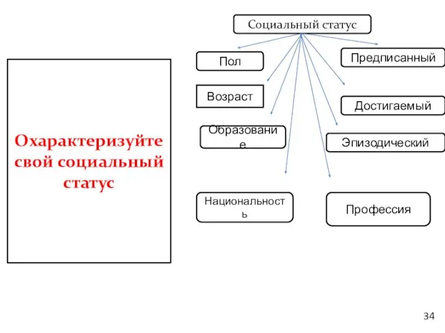 Социальный статус Пол Возраст Образование Предписанный Достигаемый Эпизодический Профессия Охарактеризуйте свой социальный статус Национальность 34