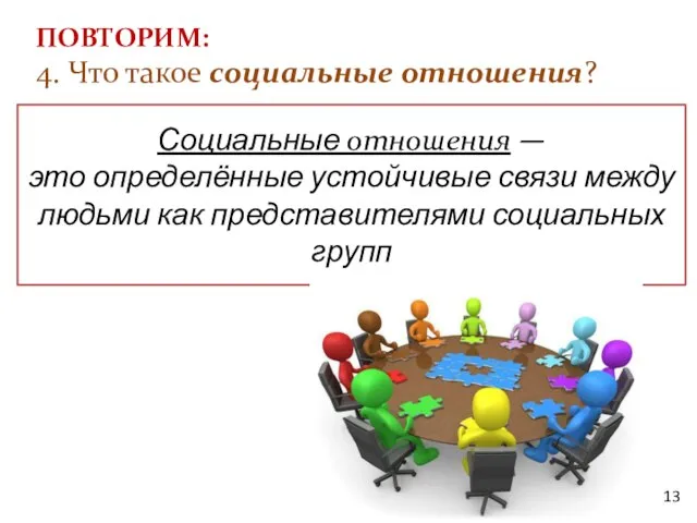 ПОВТОРИМ: 4. Что такое социальные отношения? Социальные отношения — это определённые устойчивые