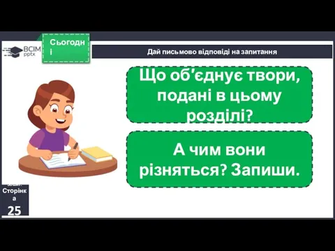 Сьогодні Дай письмово відповіді на запитання Що об′єднує твори, подані в цьому