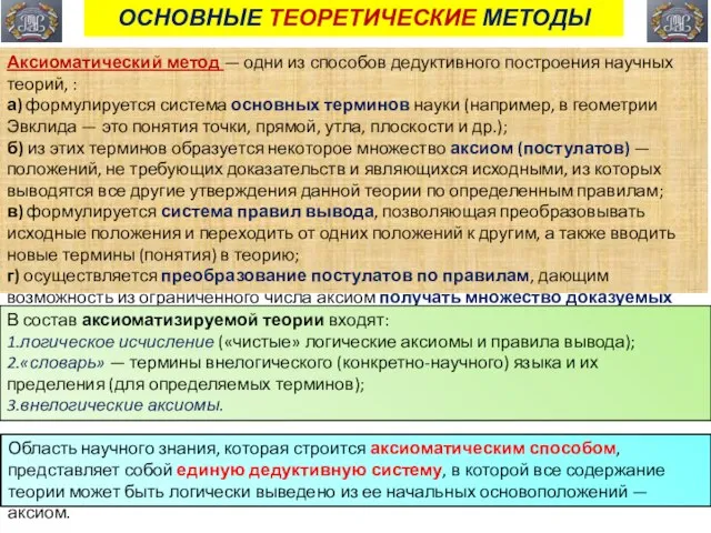 ОСНОВНЫЕ ТЕОРЕТИЧЕСКИЕ МЕТОДЫ Аксиоматический метод — одни из способов дедуктивного построения научных