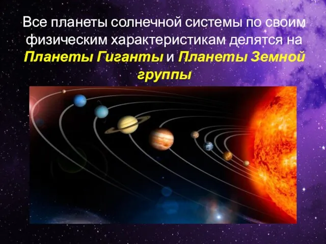 Все планеты солнечной системы по своим физическим характеристикам делятся на Планеты Гиганты и Планеты Земной группы