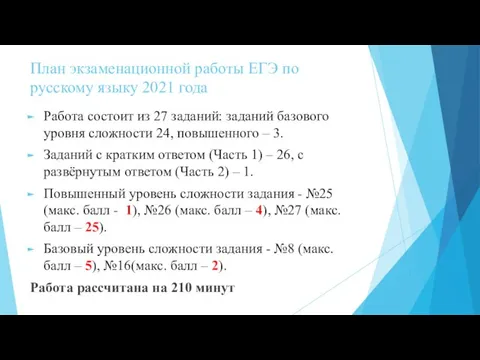 План экзаменационной работы ЕГЭ по русскому языку 2021 года Работа состоит из