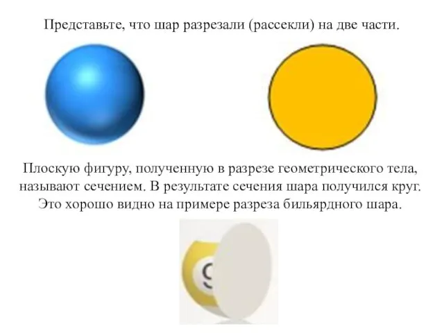 Представьте, что шар разрезали (рассекли) на две части. Плоскую фигуру, полученную в