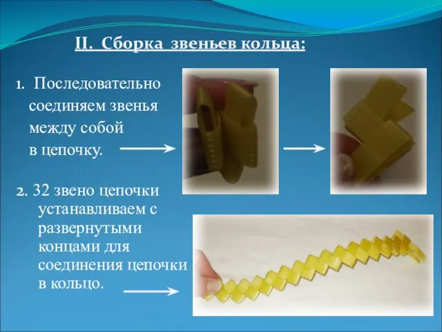 II. Сборка звеньев кольца: 1. Последовательно соединяем звенья между собой в цепочку.