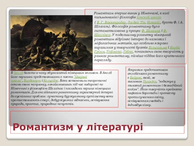 Романтизм у літературі Романтизм вперше виник у Німеччині, в колі письменників і