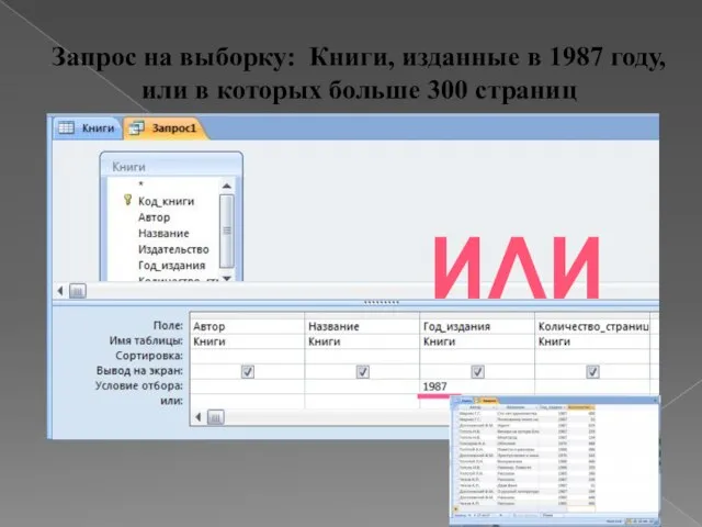 Запрос на выборку: Книги, изданные в 1987 году, или в которых больше 300 страниц ИЛИ