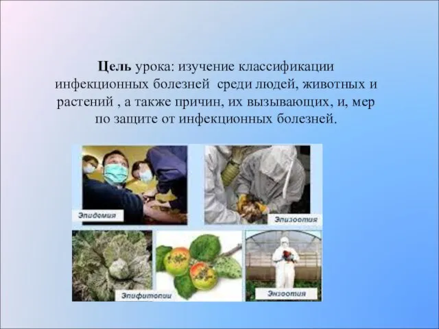 Цель урока: изучение классификации инфекционных болезней среди людей, животных и растений ,