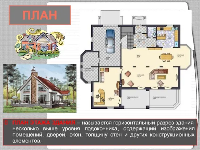 ПЛАН ПЛАН ЭТАЖА ЗДАНИЯ – называется горизонтальный разрез здания несколько выше уровня