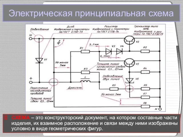 Электрическая принципиальная схема СХЕМА – это конструкторский документ, на котором составные части