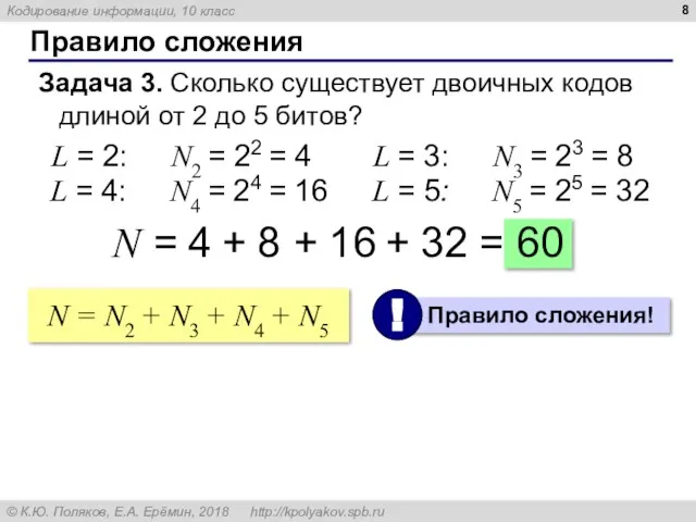 Правило сложения Задача 3. Сколько существует двоичных кодов длиной от 2 до