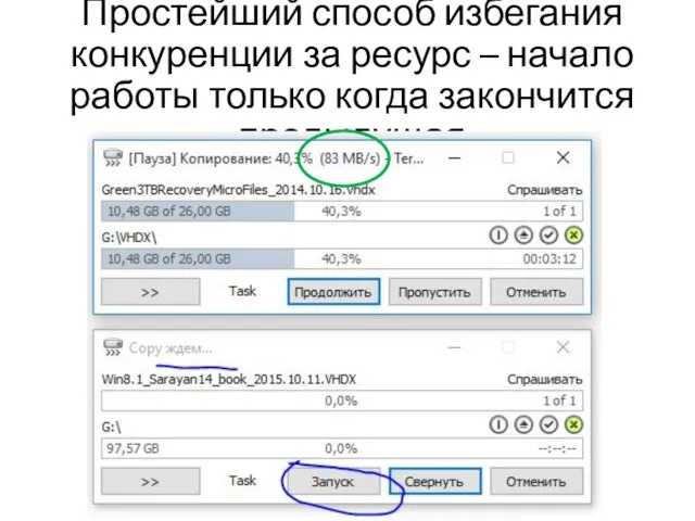 Простейший способ избегания конкуренции за ресурс – начало работы только когда закончится предыдущая