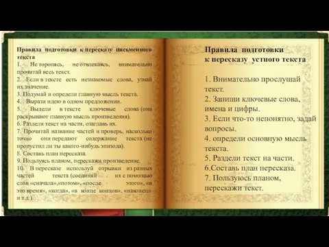 Правила подготовки к пересказу письменного текста 1. Не торопясь, не отвлекаясь, внимательно