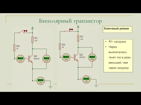 Биполярный транзистор Ключевой режим R1- нагрузка Через выключатель течет ток в разы меньший, чем через нагрузку