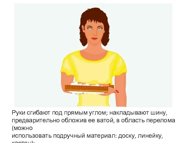 Руки сгибают под прямым углом; накладывают шину, предварительно обложив ее ватой, в