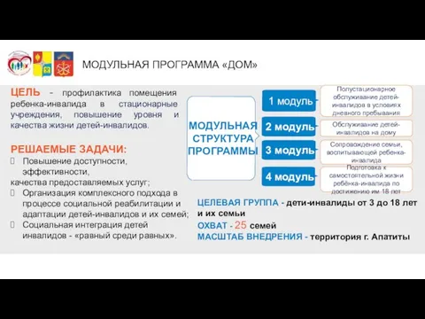 МОДУЛЬНАЯ ПРОГРАММА «ДОМ» ЦЕЛЬ - профилактика помещения ребенка-инвалида в стационарные учреждения, повышение