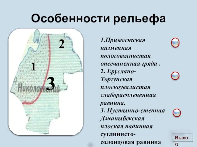 Особенности рельефа 1 2 3 1.Приволжская низменная пологоволнистая опесчаненная гряда . 2.