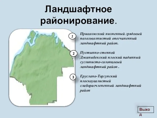 Ландшафтное районирование. Приволжский низменный грядовый пологоволнистый опесчаненный ландшафтный район. Пустынно-степной Джаныбекский плоский