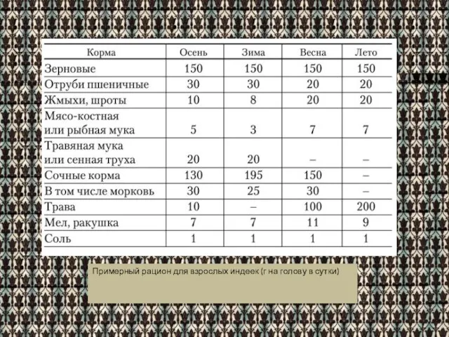 Примерный рацион для взрослых индеек (г на голову в сутки)