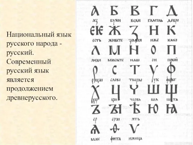 Национальный язык русского народа - русский. Современный русский язык является продолжением древнерусского.