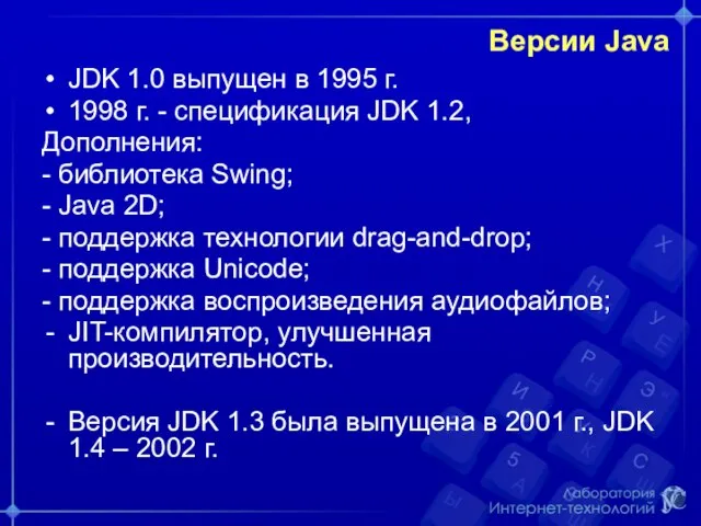 Версии Java JDK 1.0 выпущен в 1995 г. 1998 г. - спецификация