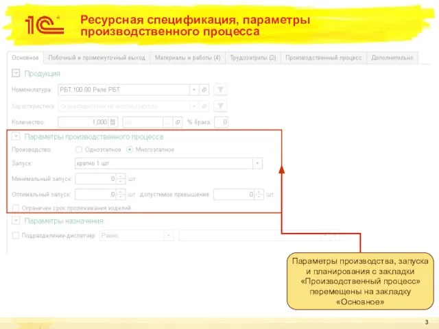 Ресурсная спецификация, параметры производственного процесса Параметры производства, запуска и планирования с закладки