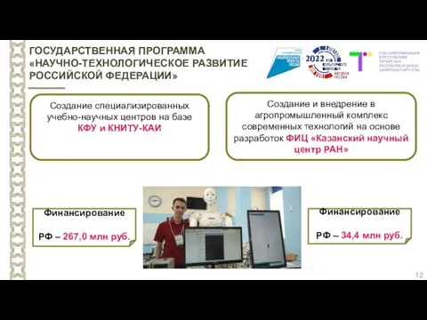 12 ГОСУДАРСТВЕННАЯ ПРОГРАММА «НАУЧНО-ТЕХНОЛОГИЧЕСКОЕ РАЗВИТИЕ РОССИЙСКОЙ ФЕДЕРАЦИИ» Создание и внедрение в агропромышленный