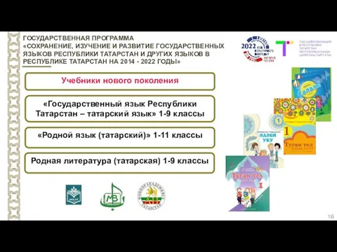 16 ГОСУДАРСТВЕННАЯ ПРОГРАММА «СОХРАНЕНИЕ, ИЗУЧЕНИЕ И РАЗВИТИЕ ГОСУДАРСТВЕННЫХ ЯЗЫКОВ РЕСПУБЛИКИ ТАТАРСТАН И