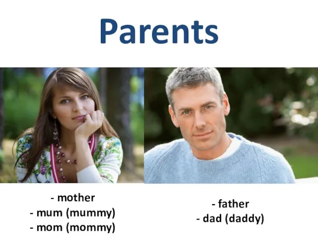 Parents father dad (daddy) mother mum (mummy) mom (mommy)