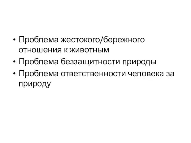 Проблема жестокого/бережного отношения к животным Проблема беззащитности природы Проблема ответственности человека за природу