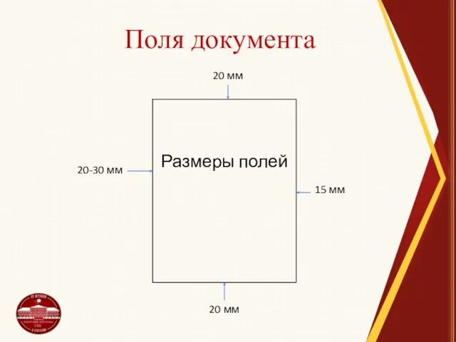 Поля документа Размеры полей 20-30 мм 20 мм 15 мм 20 мм