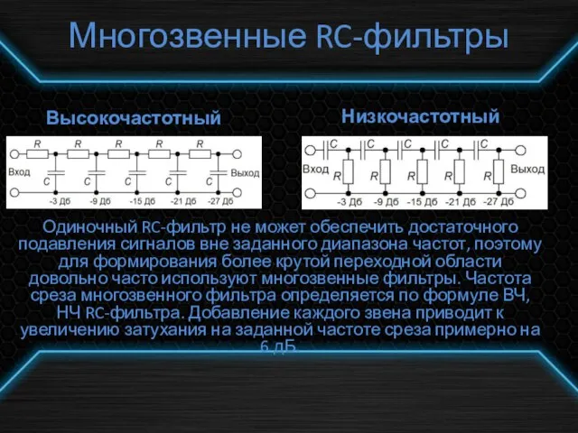 Многозвенные RC-фильтры Высокочастотный Низкочастотный Одиночный RC-фильтр не может обеспечить достаточного подавления сигналов