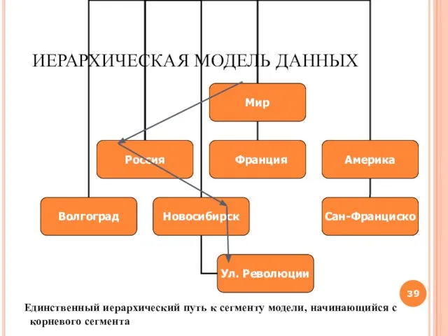 ИЕРАРХИЧЕСКАЯ МОДЕЛЬ ДАННЫХ Единственный иерархический путь к сегменту модели, начинающийся с корневого сегмента