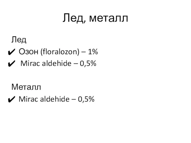 Лед, металл Лед Озон (floralozon) – 1% Mirac aldehide – 0,5% Металл Mirac aldehide – 0,5%