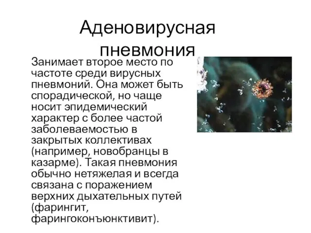 Аденовирусная пневмония Занимает второе место по частоте среди вирусных пневмоний. Она может