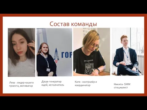 Состав команды Катя - контролёр и координатор Лиза - лидер нашего проекта,