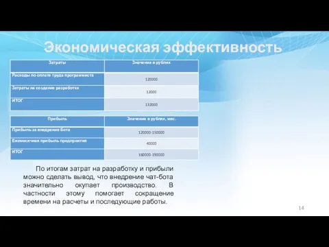 Экономическая эффективность По итогам затрат на разработку и прибыли можно сделать вывод,