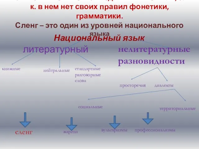 Сленг нельзя назвать отдельным языком, т.к. в нем нет своих правил фонетики,