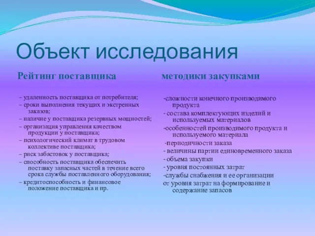 Объект исследования Рейтинг поставщика методики закупками – удаленность поставщика от потребителя; –