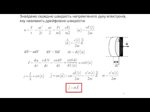 Знайдемо середню швидкість напрямленого руху електронів, яку називають дрейфовою швидкістю dN = ndV dV = Sdl