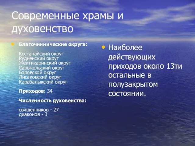 Современные храмы и духовенство Благочиннические округа: Костанайский округ Рудненский округ Жеитикаринский округ