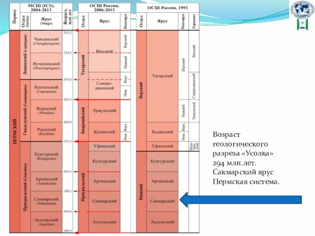 Возраст геологического разреза «Усолка» 294 млн.лет. Сакмарский ярус Пермская система.