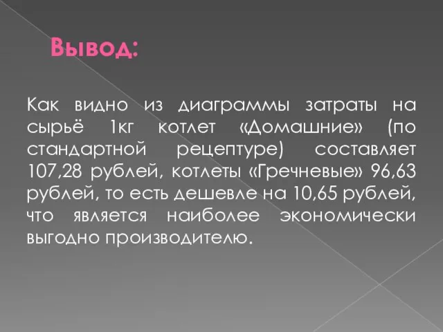 Вывод: Как видно из диаграммы затраты на сырьё 1кг котлет «Домашние» (по