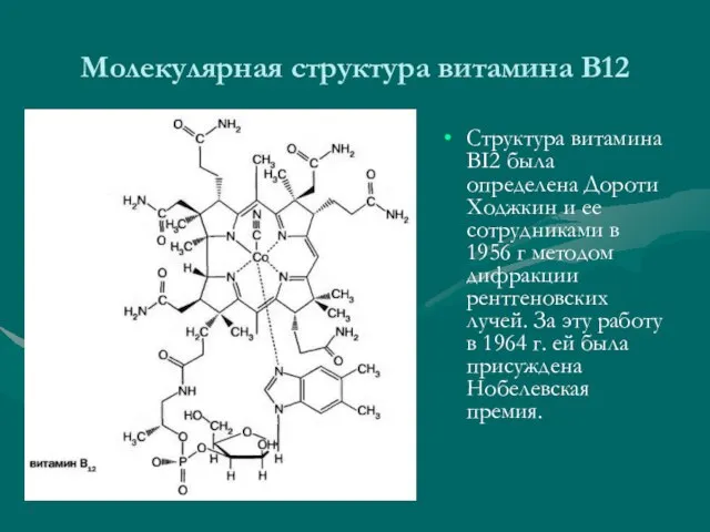 Молекулярная структура витамина В12 Структура витамина BI2 была определена Дороти Ходжкин и