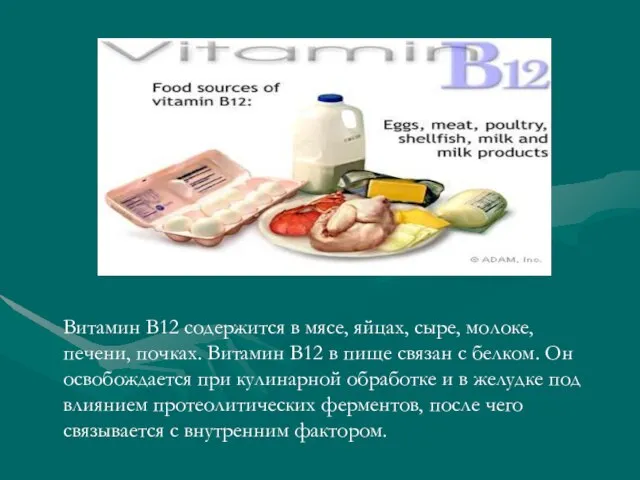 Витамин В12 содержится в мясе, яйцах, сыре, молоке, печени, почках. Витамин В12