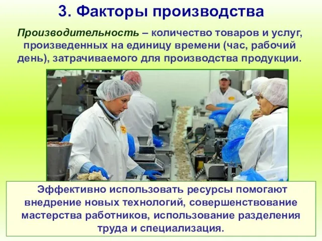 3. Факторы производства Производительность – количество товаров и услуг, произведенных на единицу