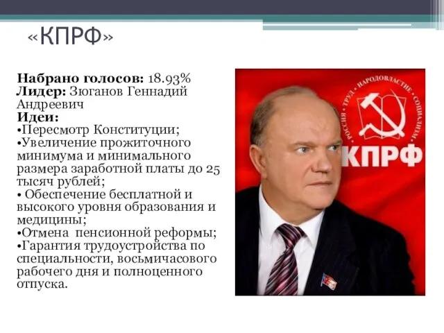 «КПРФ» Набрано голосов: 18.93% Лидер: Зюганов Геннадий Андреевич Идеи: •Пересмотр Конституции; •Увеличение